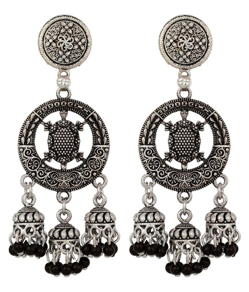     			"Piah Round  Inward Tortoise three Jumkhi Black Beads Oxidised  Earring for Women"