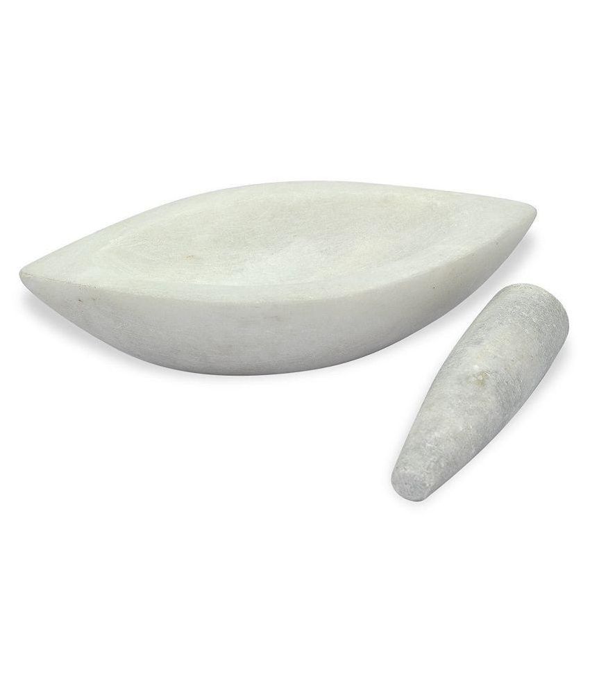 Ekam Art Handcrafted Marble Stone Boat Shape Vaid Mortar and Pestle Kitchenware Medicine Herb Crusher (3-inch, White)
