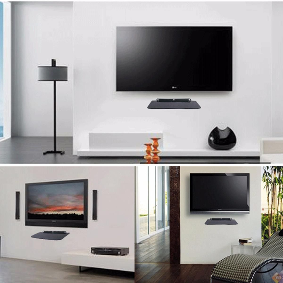 Black Floating Glass Wall Mount Shelf Bracket TV Stand DVD Skybox PS4