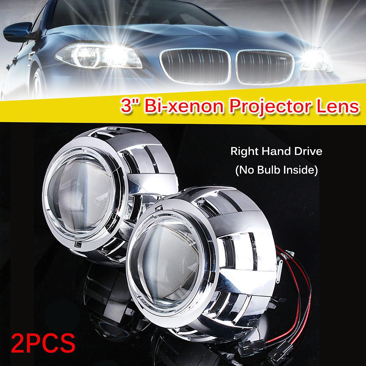 Fugen 2pcs 3 Inch Bi-Xenon Projector Bi-Xenon HID Projector Lens Kit Shroud for H1 H4 H7 RHD Bulb High Beam and Low Beam 