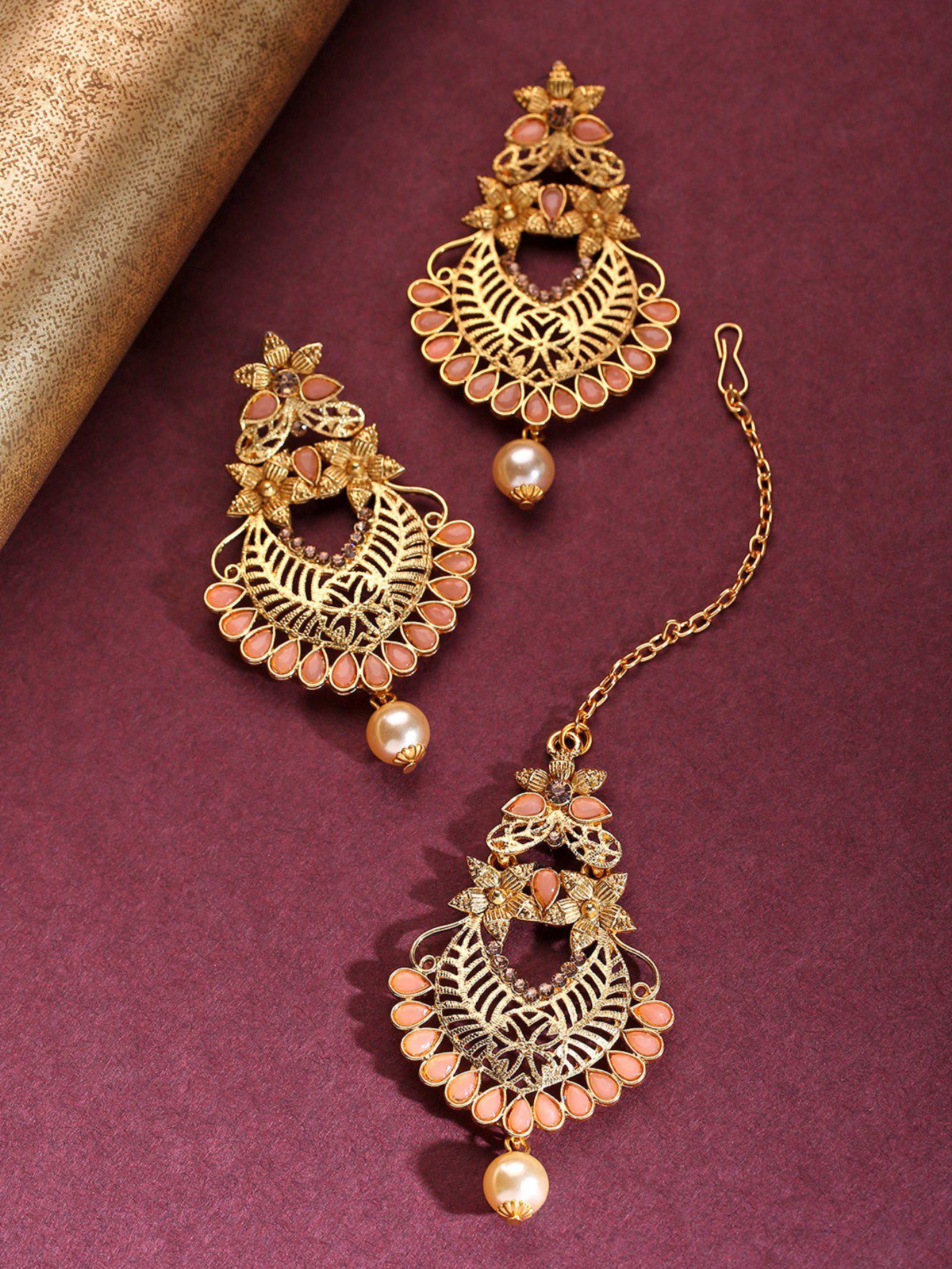     			Priyaasi Gold-Plated Peach Color Stone Studded Floral Maang Tikka With Drop Earrings Set