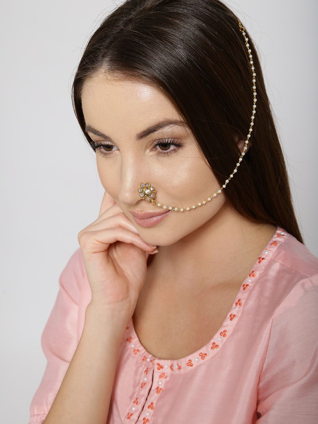 Gold Plated Kundan Nose Ring/Nath with Pearl Chain For Women/Girls Buy Gold Plated Kundan Nose