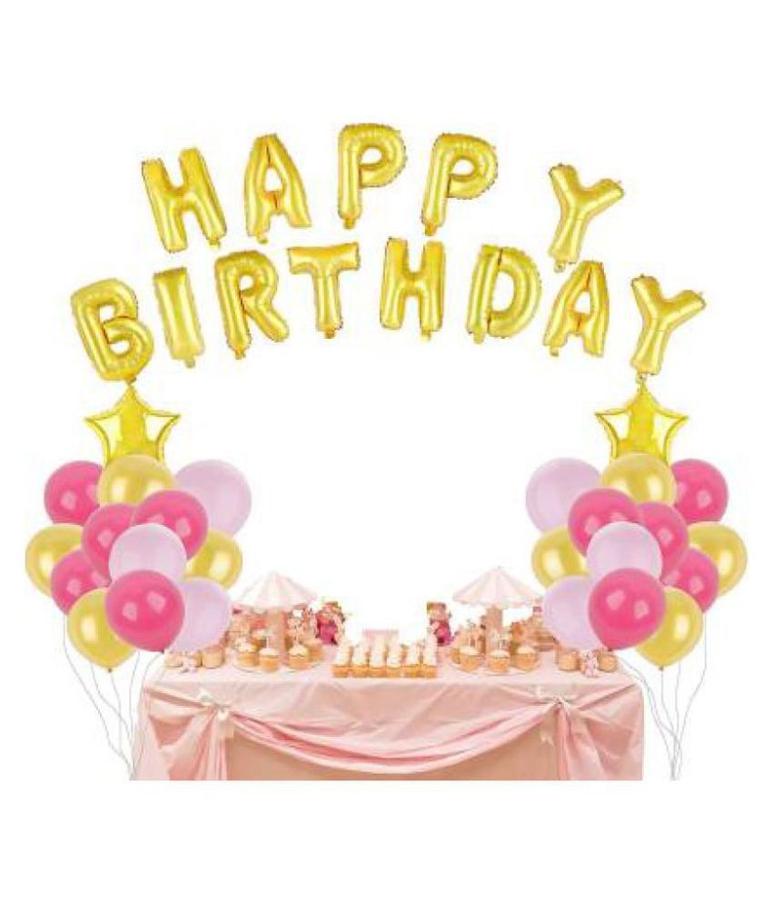    			HAPPY BIRTHDAY FOIL BALLOON (SET OF 13) WITH 2 GOLD STAR AND 30 METALLIC BALLOONS(GOLD,WHITE,PINK) COMBO PACK