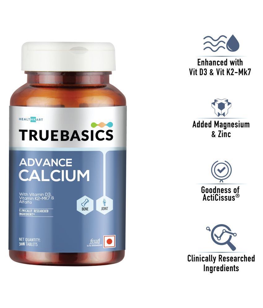 TrueBasics Advance Calcium Supplements, with Vitamin D3 & K2-MK7, Magnesium, Zinc, Clinically Researched Ingredients, 30 Tablets