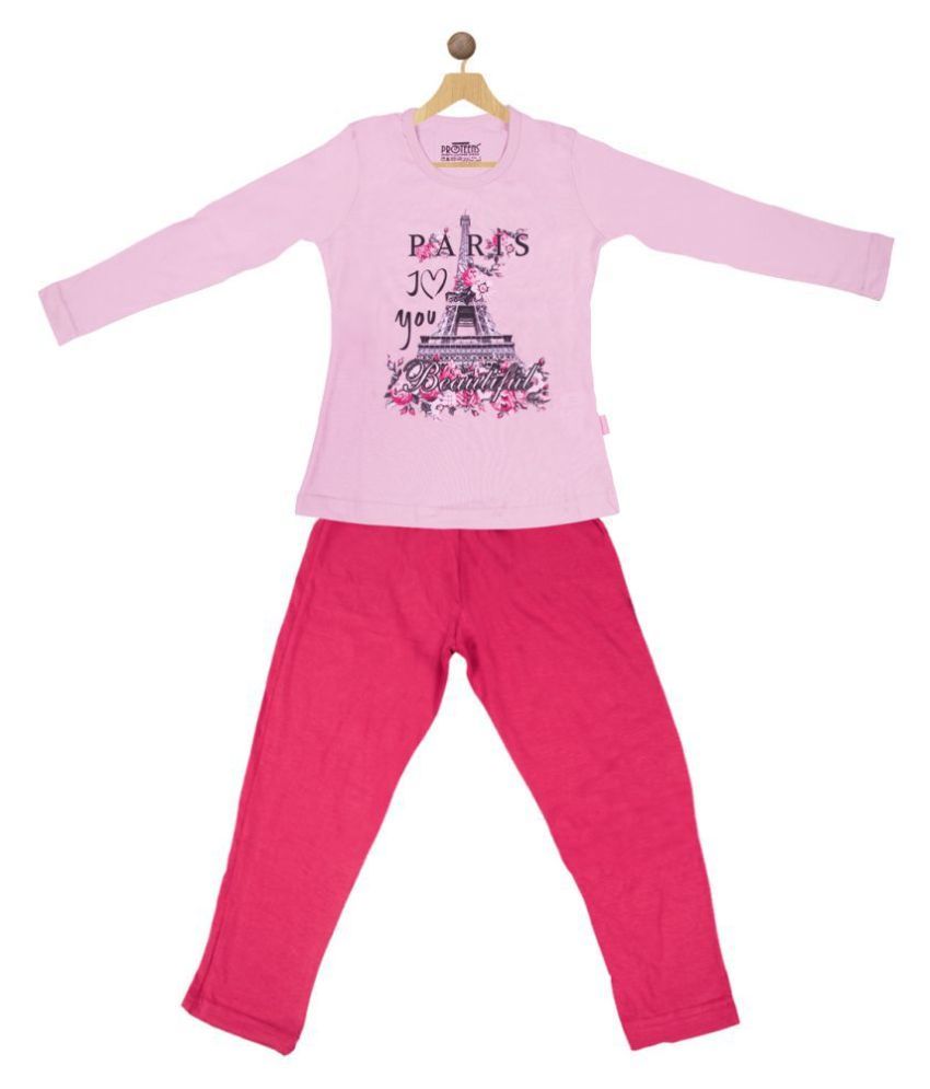     			Proteens Girls Full Sleeves Soft Pink & Fushia Night Suit Set