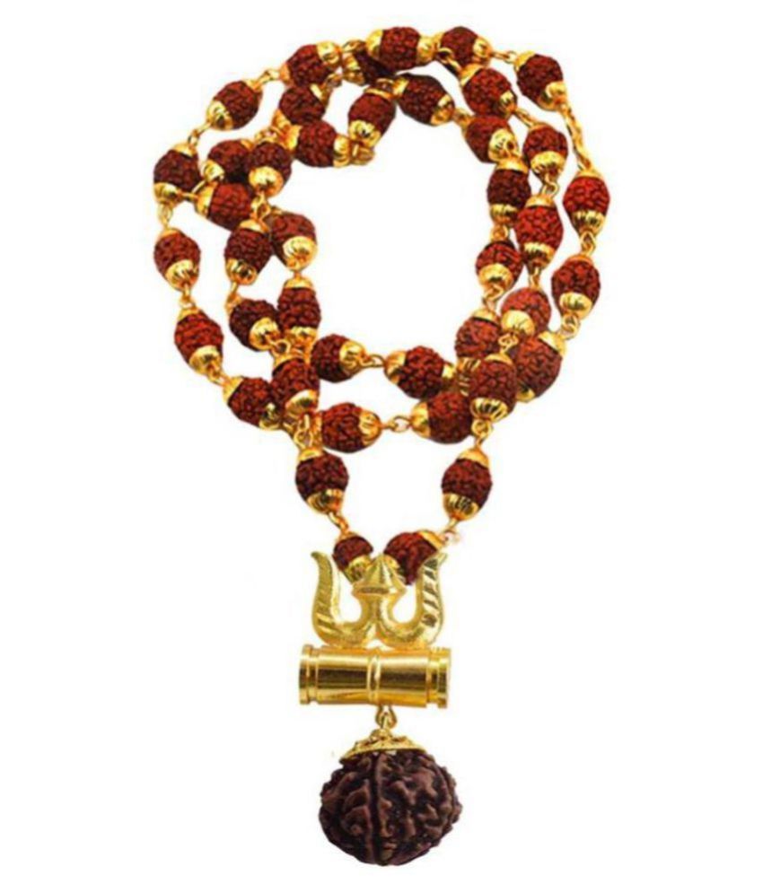     			Green spiritual Trishul Damru Locket With Puchmukhi Rudraksha Mala Gold-plated Brass, Wood