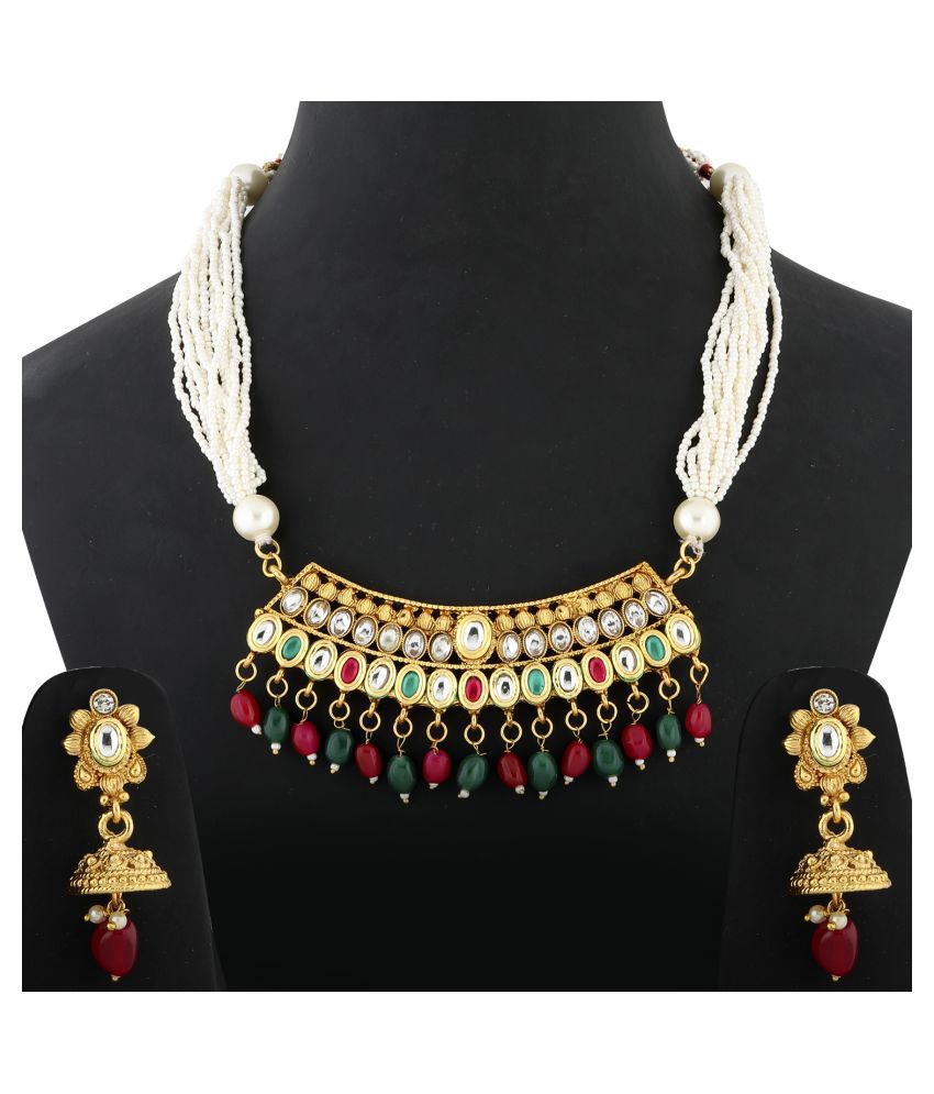     			Silver Shine Zinc Golden Choker Traditional Gold Plated Necklaces Set