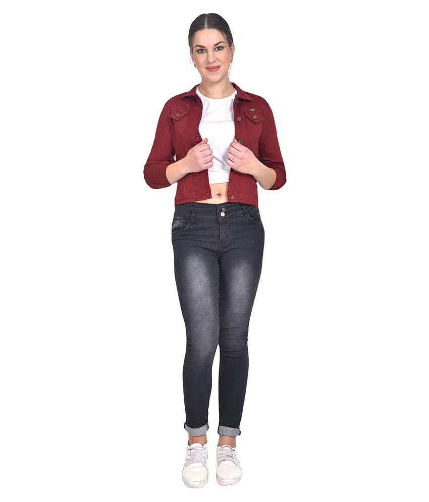 maroon colour denim jacket