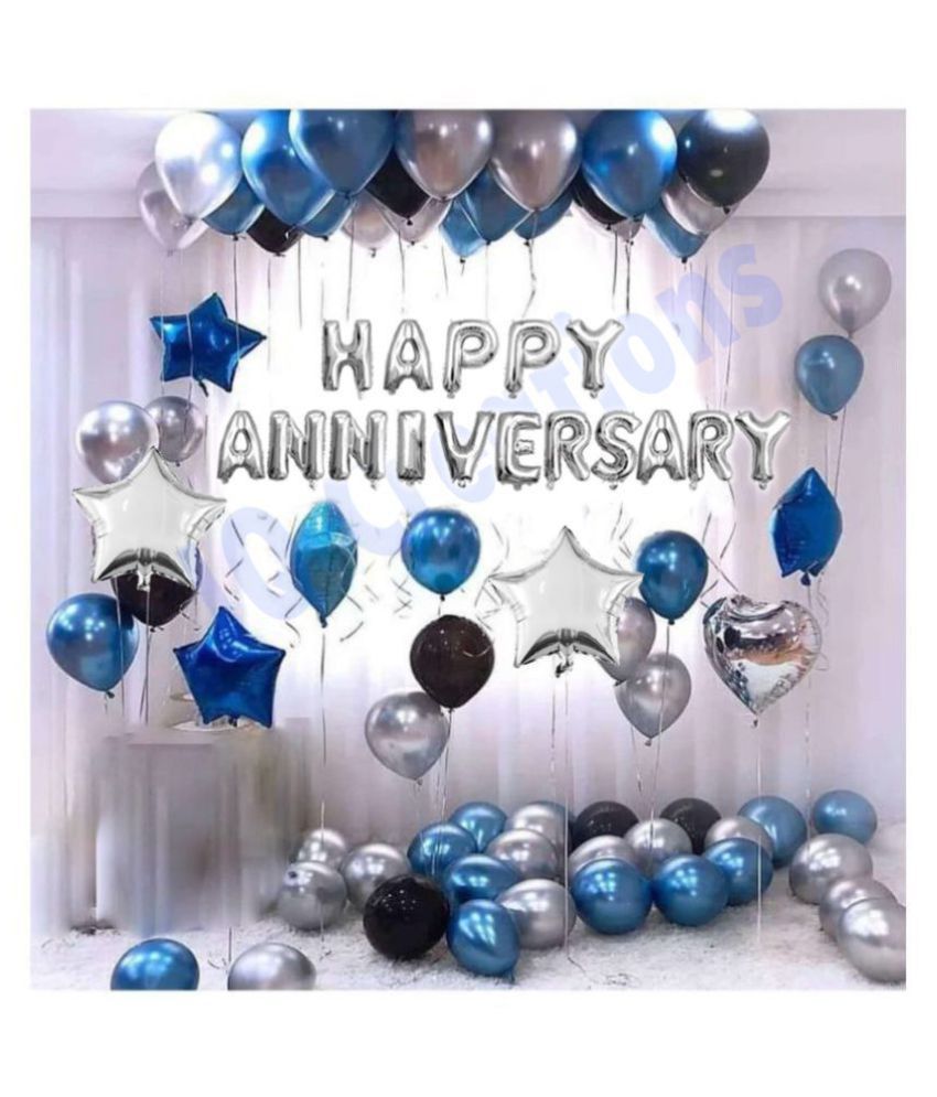     			I Q Creations Happy Anniversary Letter Foil Balloon Set of Silver + 2 Pcs Silver Star Foil(10 inch) + Pack of 30 pcs Metallic Balloons (Black, Blue & Silver) For Decoration