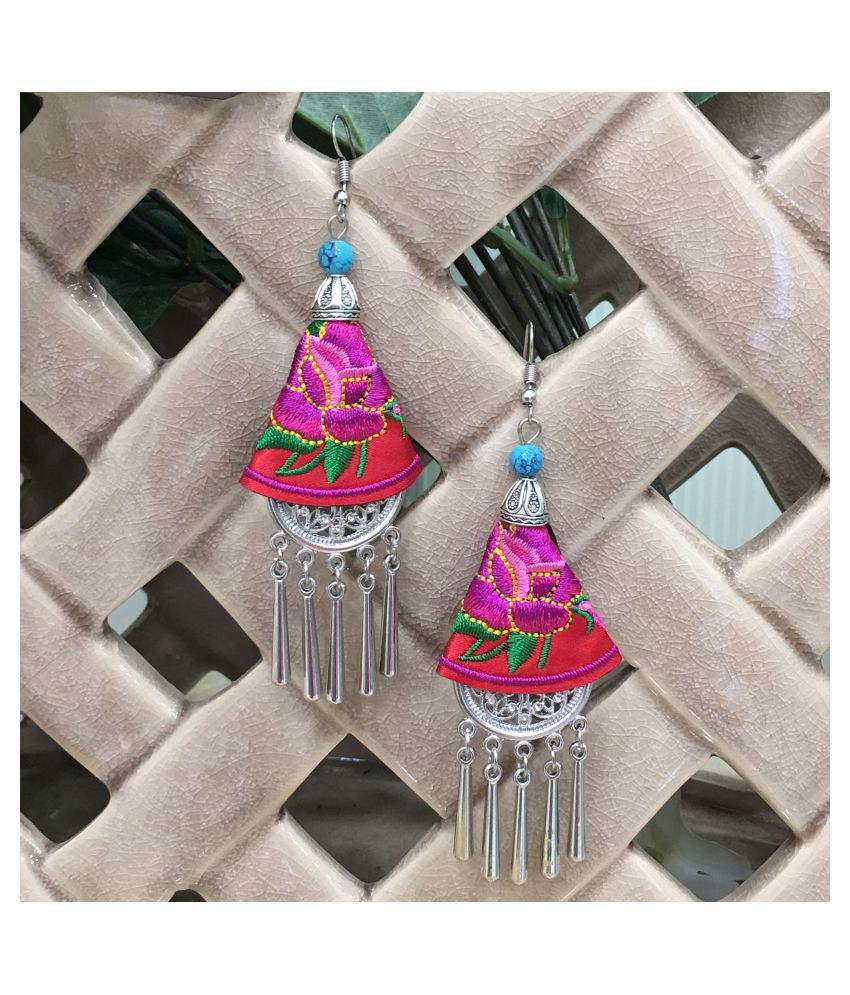 Digital Ethnic Silver Plated Oxidised Metal Alloy Hook Earrings Traditional lightweight Multicolored Embroidered Floral & beads Dangler Earrings Stylish Fancy Party Wear Jewellery For Women and Girl