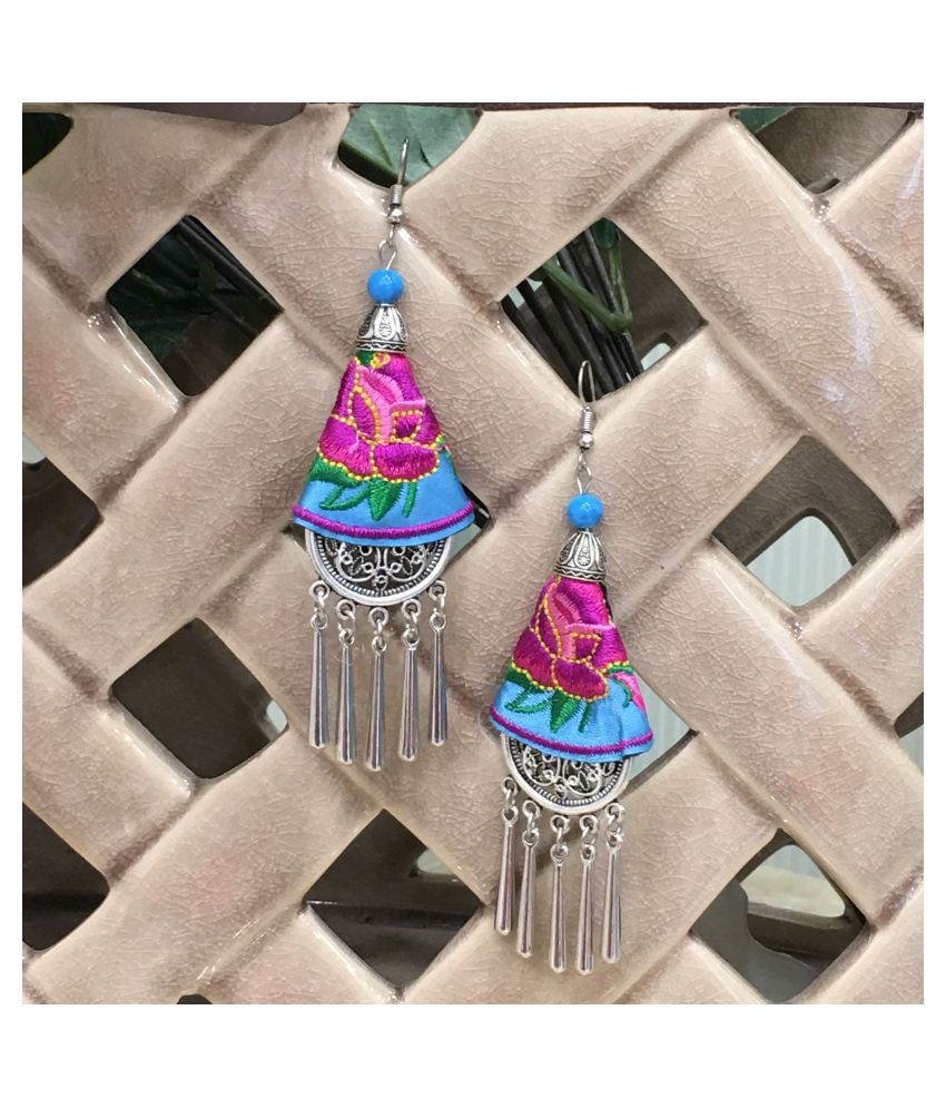     			Digital Ethnic Silver Plated Oxidised Metal Alloy Hook Earrings Traditional lightweight Multicolored Embroidered Floral & beads Dangler Earrings Stylish Fancy Party Wear Jewellery For Women and Girl