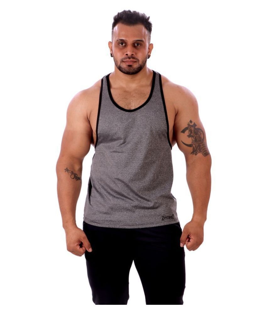 Zesteez Mens Print Round Neck Stringer in  Polyester Lycra Fabric for Gym and sports wear