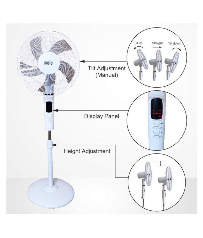 ANSIO Pedestal Fan with Remote 55 Watts, up to 1250 RPM (White) 400