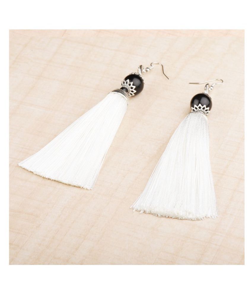     			Silver Shine Spunky White Long Thread Tassel Earrings for Women