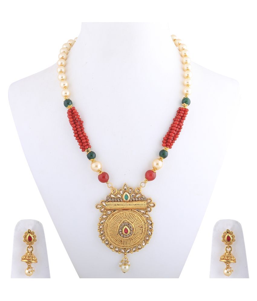     			SILVER SHINE Traditional Gold Plated Pearl Mala Pendant Set For Women Girl