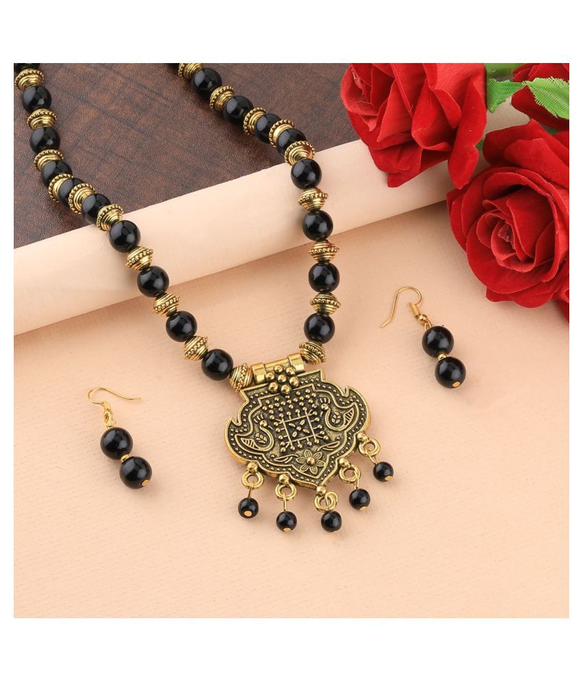     			SILVERSHINE Attractive Gold Oxidised Pendant Black Pearl mala set for Women girl