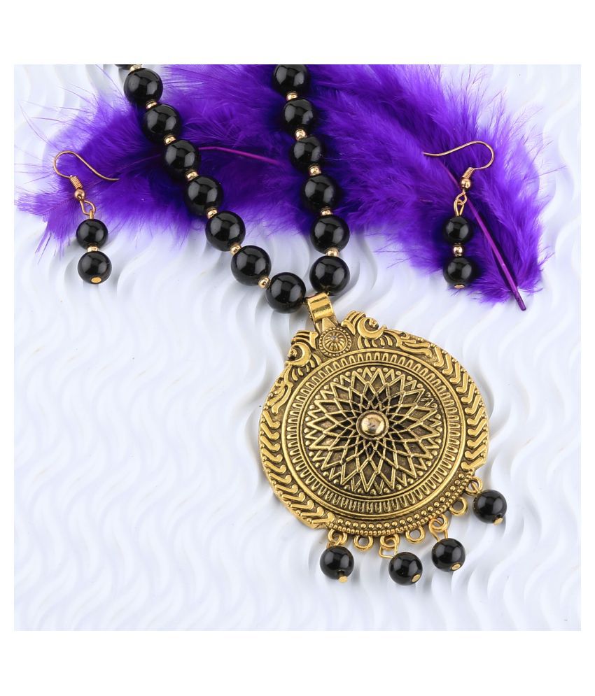     			SILVERSHINE Ethic Designer Gold Oxidised Pendant Black Pearl mala set for Women girl