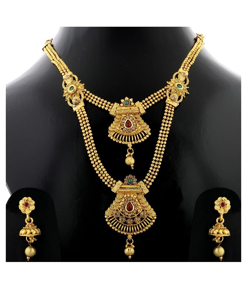     			Silver Shine Alloy Golden Choker Traditional Gold Plated Necklaces Set