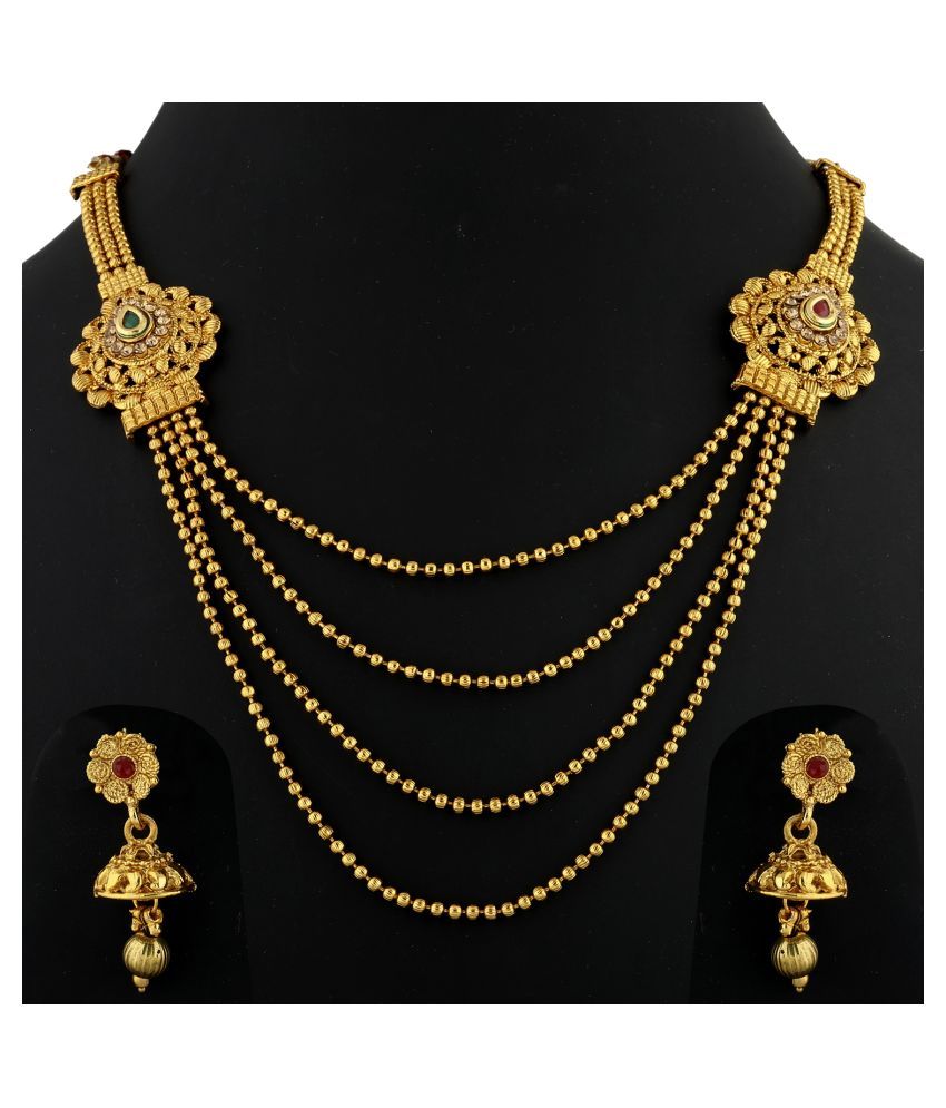     			Silver Shine Alloy Golden Choker Traditional Gold Plated Necklaces Set