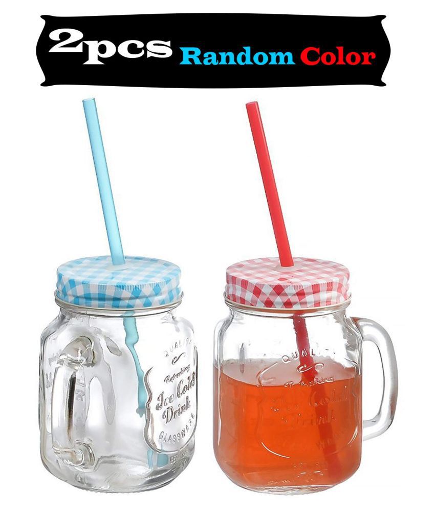 Vency Mason Jar 450ml Glass Mug with Handle and Straw | Air-Tight Cap |  Drink-Through Lid | Reusable Straw (Multi-Color) (Multi-Pattern) (Set of  2): Buy Online at Best Price in India -
