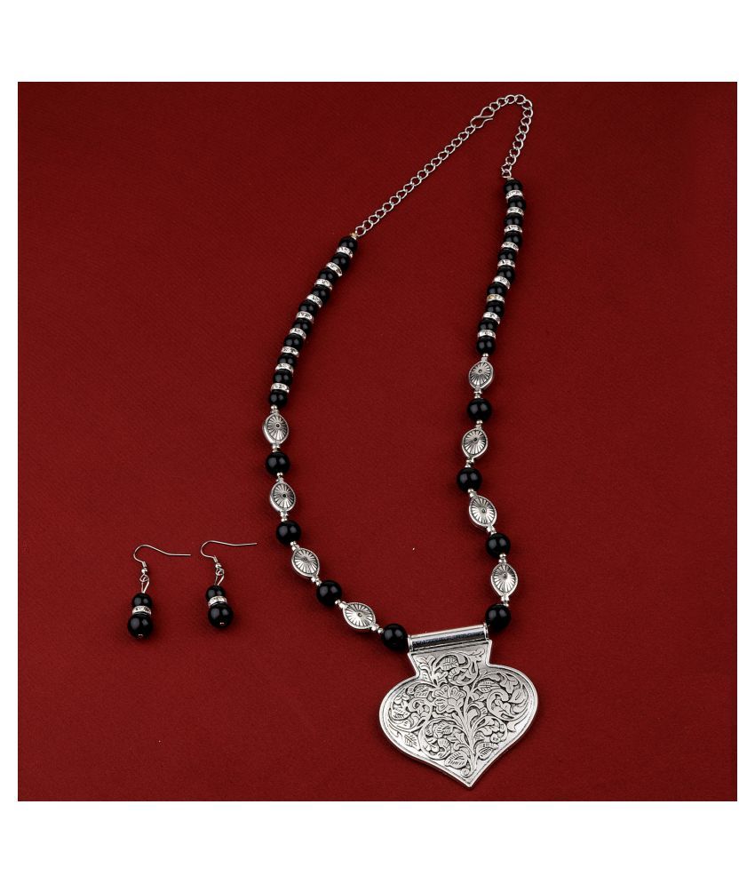     			SILVERSHINE Adjustable Silver Plated With Black Pearl Pendant mala set for Women girl