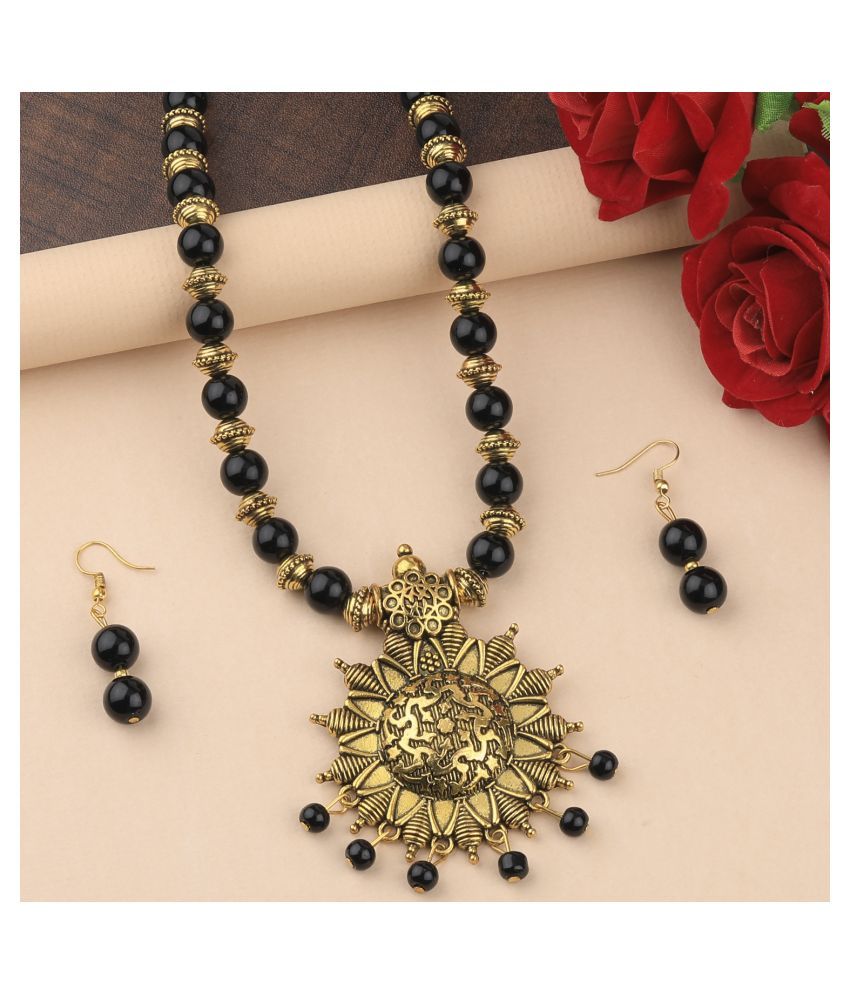     			SILVERSHINE Designer Adjustable Gold Oxidised Pendant Black Pearl mala set for Women girl