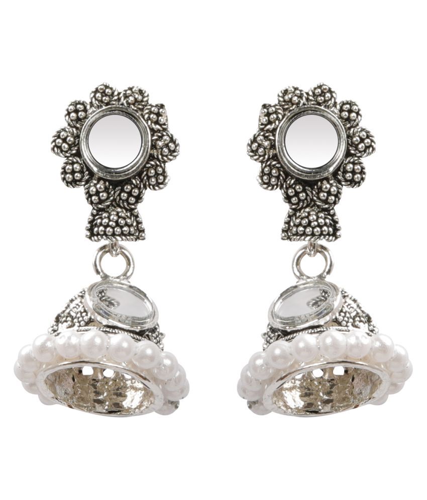     			Silver Shine Stunning White Mirror with Beads Jhumki Earrings