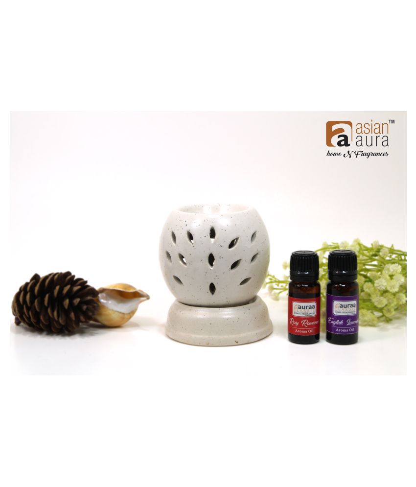 Asian Aura Handcrafted Ceramic Electric Round Shaped Aroma Diffuser Oil Burner for Home with Aroma Oils (English Lavender & Rosy Romance Fragrance 10ml Each)