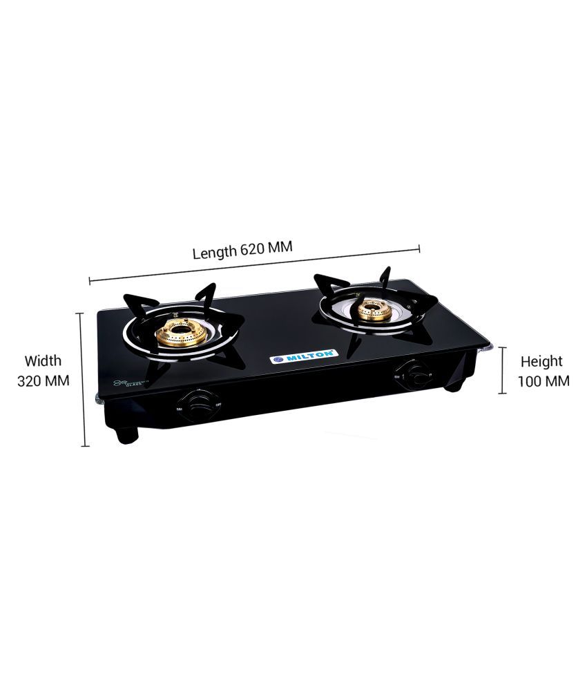 Milton Nano 2 Burner MS Frame Glass Top Gas Stove with Brass Burners