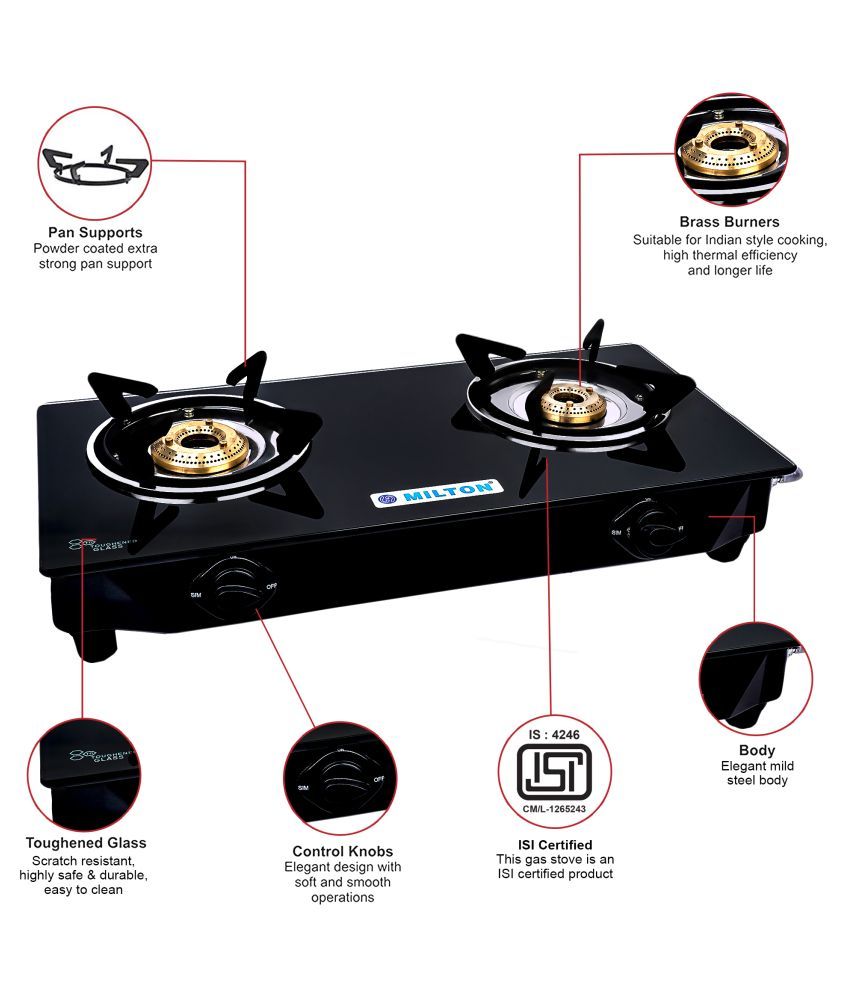 Milton Nano 2 Burner MS Frame Glass Top Gas Stove with Brass Burners