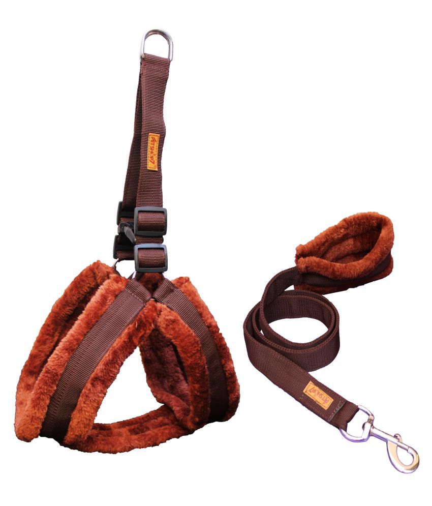     			Petshop7 Premium Qaulity Fur Padded Nylon Dog Harness & Leash Set  Large (Chest Size - 28- 35inch) Brown