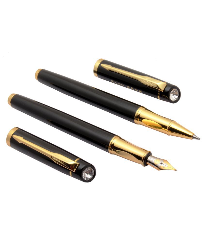     			Altino Set Of 2 - Exclusive Delta Crystal On Top Shine Black Fountain & Rollerball Pen Golden Trims