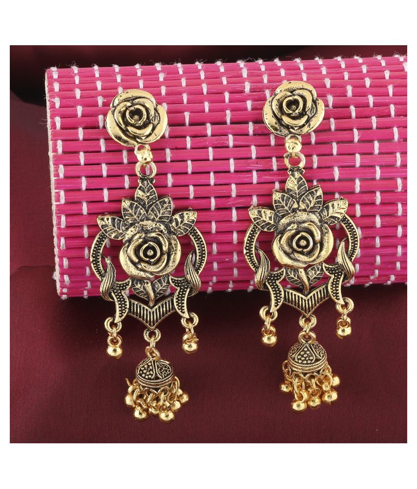     			Silver Shine Charming Golden Golden Rose with Dangle Jhumki Earrings