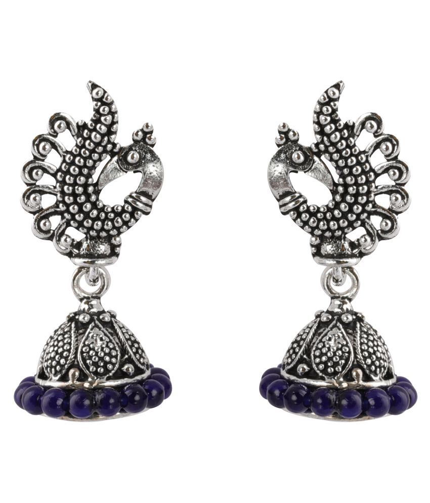     			Silver Shine Classic Blue Beads in Peacock Shape Jhumki Earrings