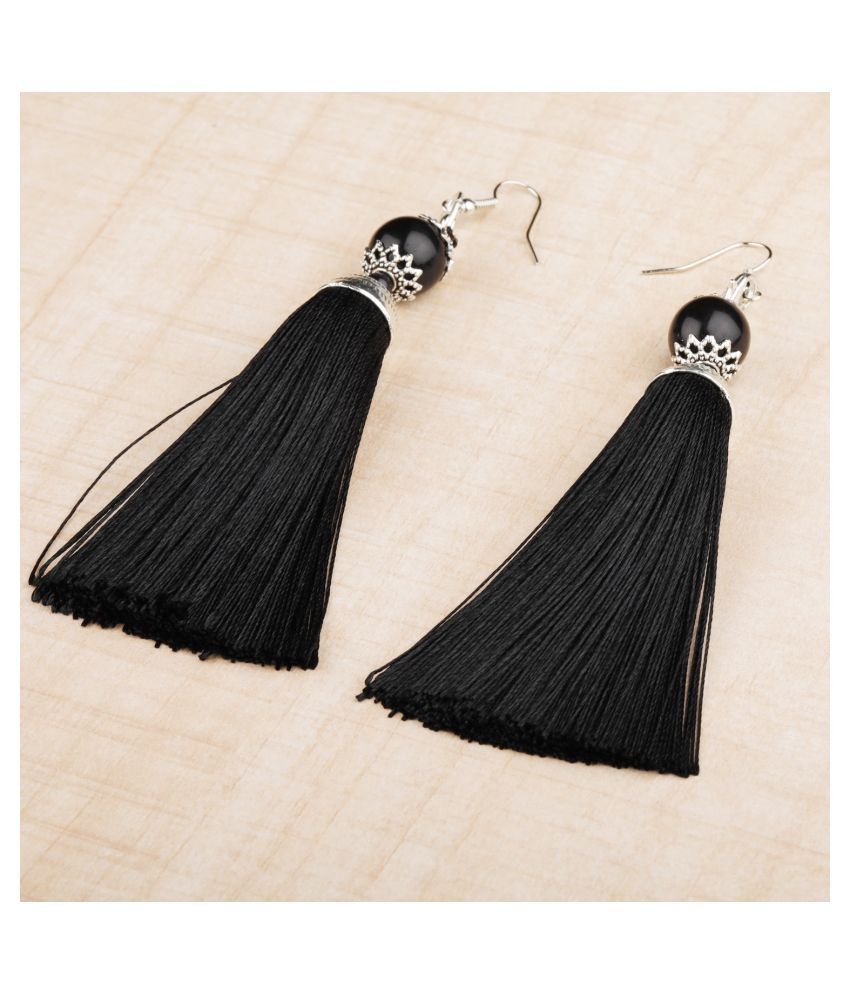     			Silver Shine Graceful Black Long Thread Tassel Earrings for Women