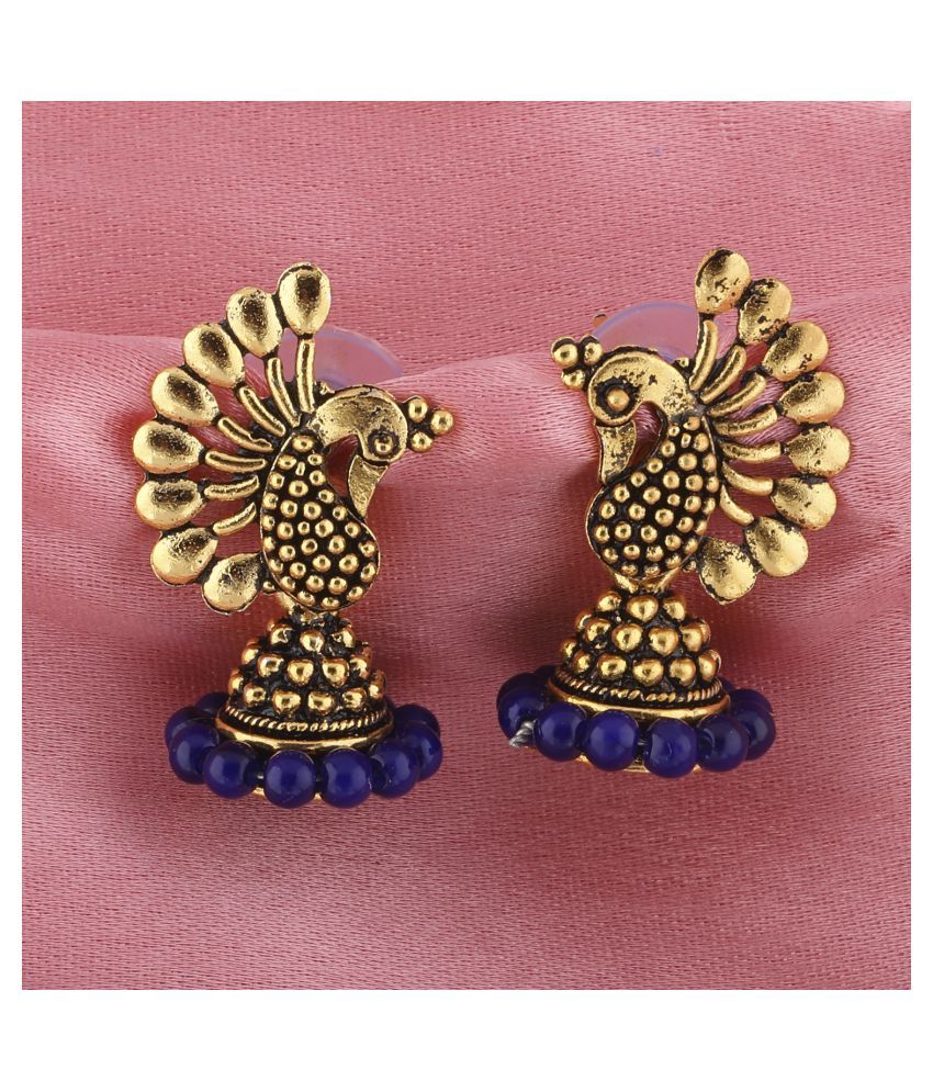     			Silver Shine Ravishing Blue Beads in Peacock Shape Jhumki Earrings