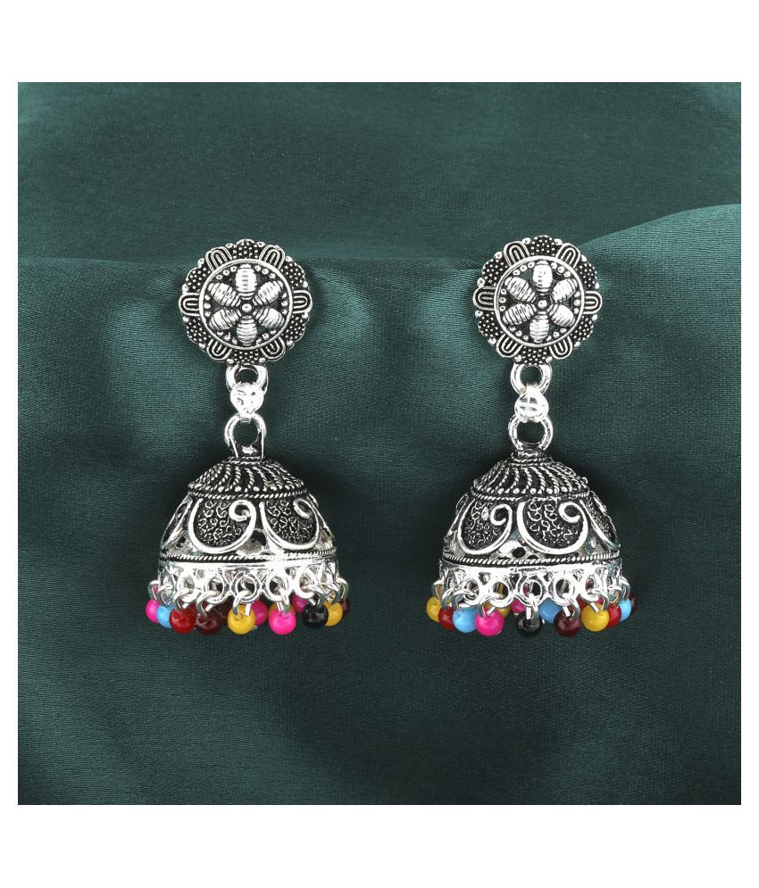     			Silver Shine Ravishing Multicolor Flower and Beads Jhumki Earrings
