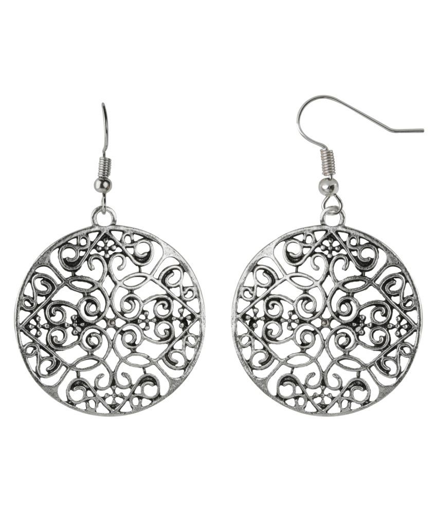     			Silver Shine Ravishing Silver Mughal Jali Design Carved Earrings for Women