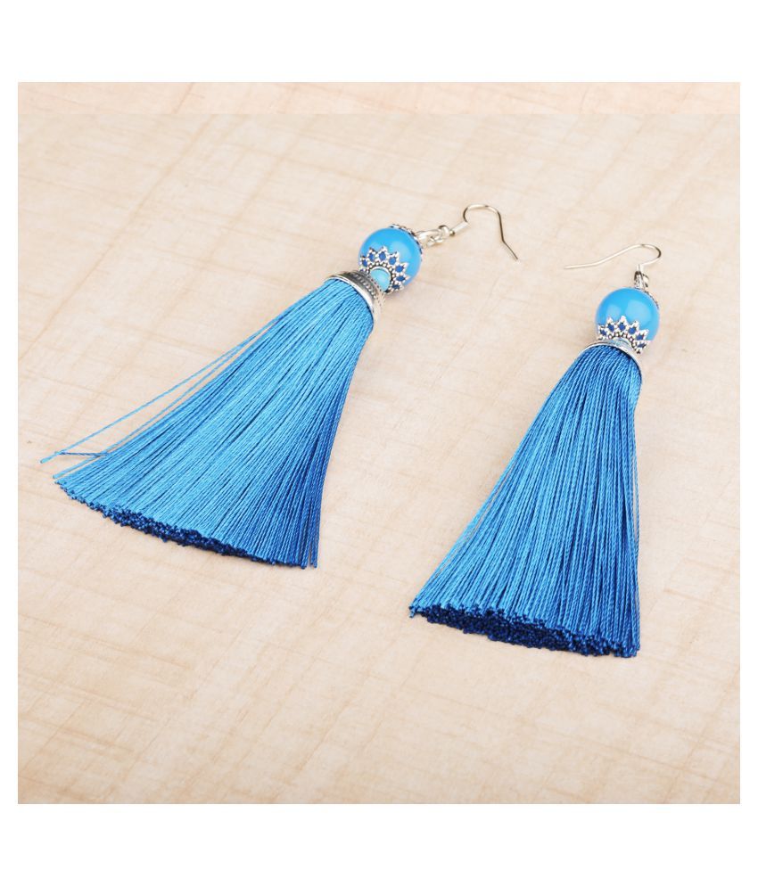     			Silver Shine Trendy Blue Long Thread Tassel Earrings for Women