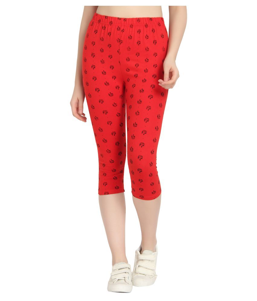     			Diaz Red Cotton Lycra Printed Capri