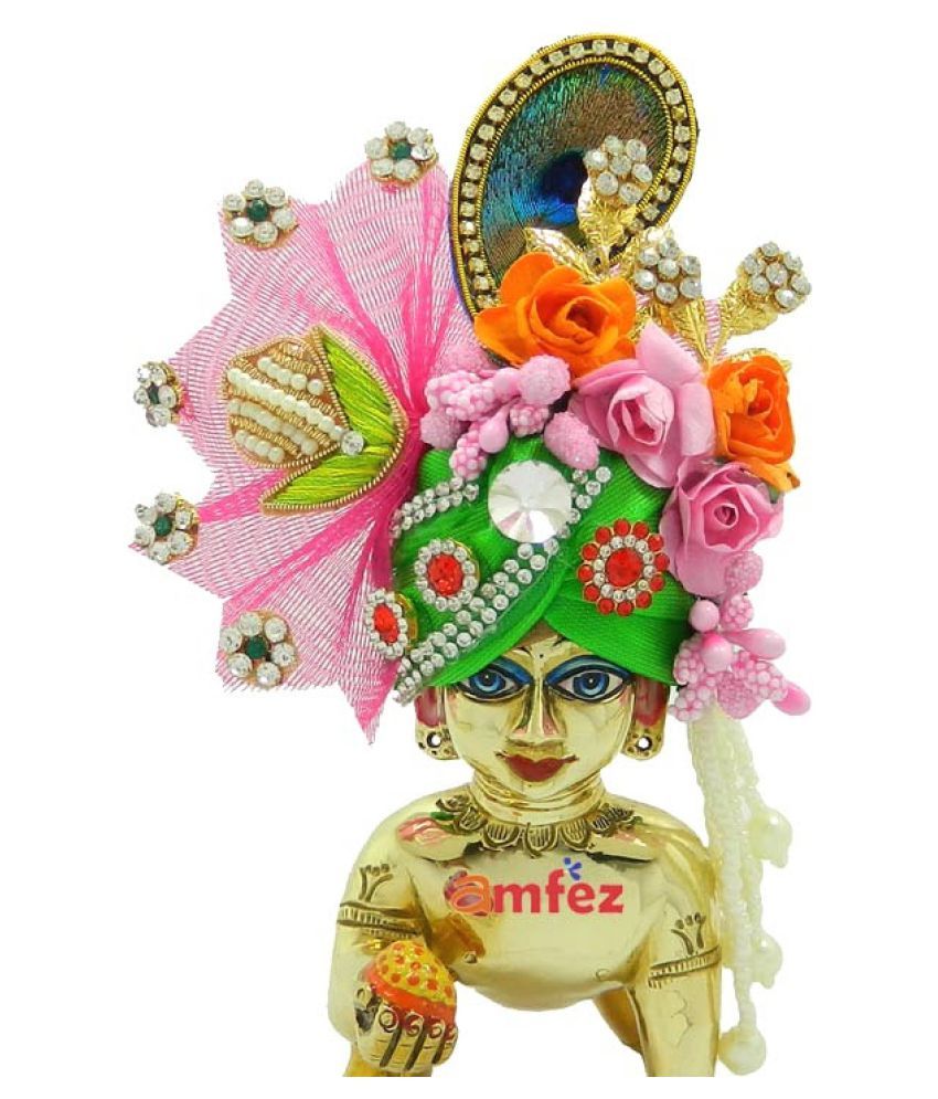 Amfez Laddu Gopal Green Pink Net Stone Flower Work Designer Pugree God Pagri For Krishna 3630