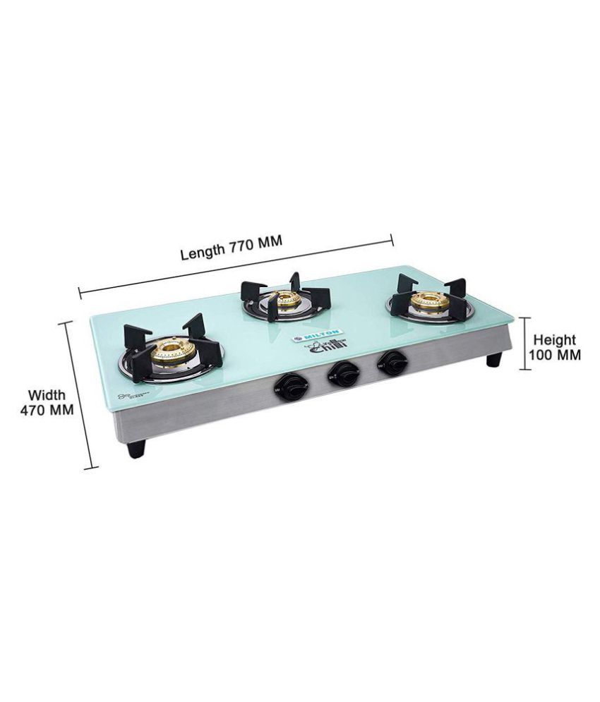 Milton Yellow Chilli 3 Burner White Glass Top Gas Stove Stainless Steel Frame, Brass Burners