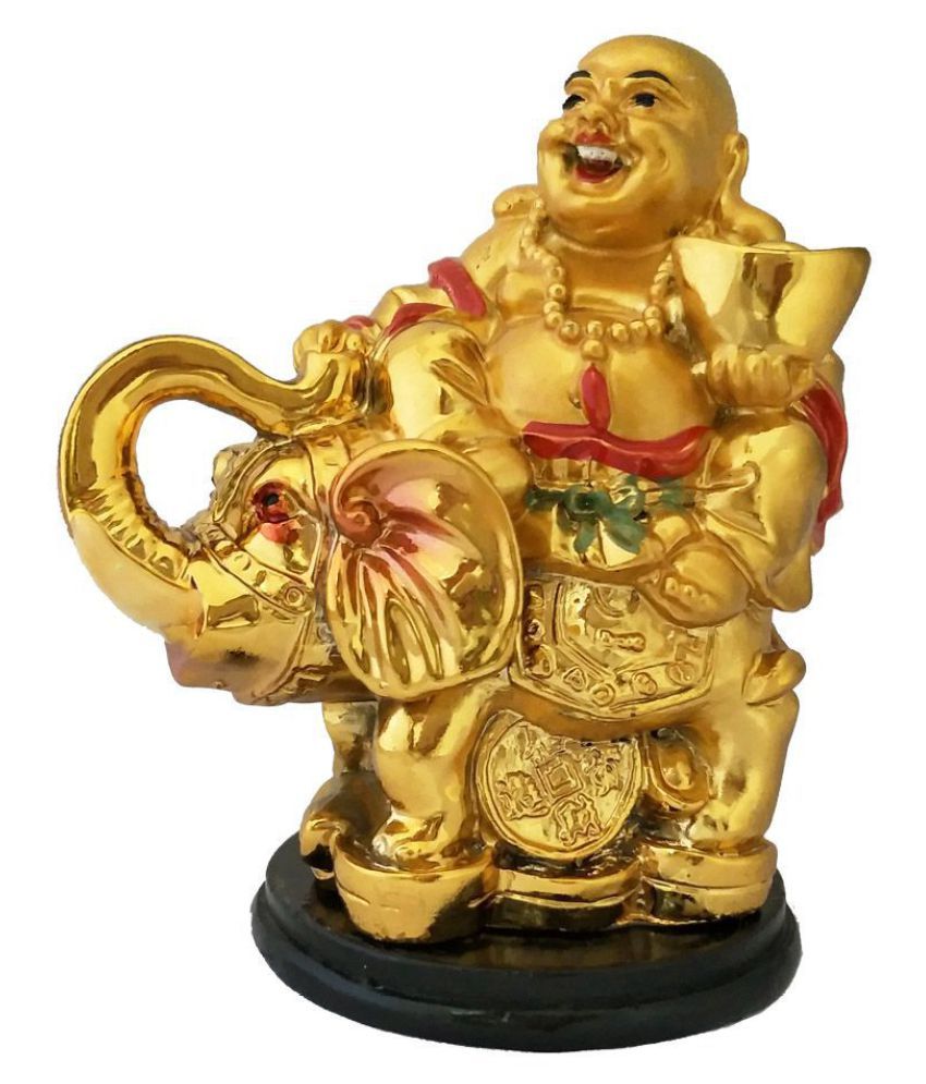     			Happy Man Laughing Buddha Riding Trunk Up Elephant and Holding Ingot Statue For Attracting Money Wealth