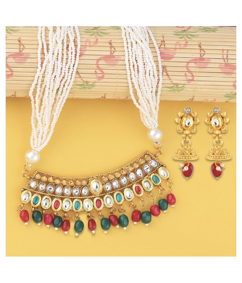     			Silver Shine Alloy Golden Choker Traditional Gold Plated Necklaces Set