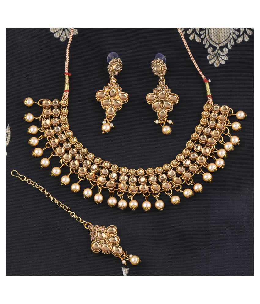     			Silver Shine Antique Mesmerising Gold Plated Traditional Party Wear Round Diamond Studded Multi Pearl Drop Bridal Designer Wedding Necklace jewellery set for Girls And Women