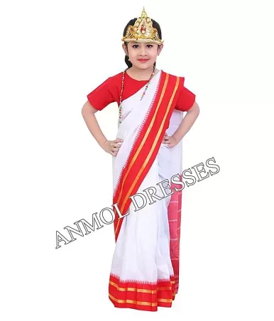 Cayon Fashion's Sarasvati Mata Hindu Goddess Saree /Bharat Mata Costume for  Kids/ School Event /Fancy Dress Competitions /Annual Functions Dress