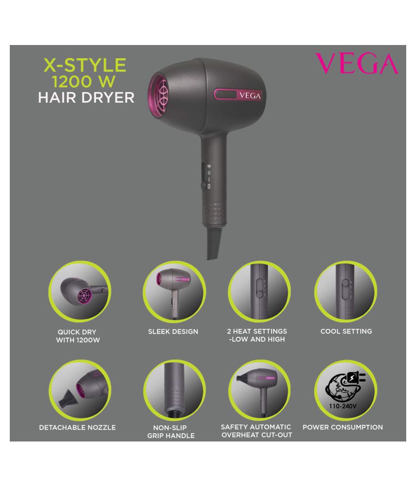 VEGA X-Style 1200 Hair Dryer (VHDH-17), Grey - Buy VEGA X-Style 1200 Hair  Dryer (VHDH-17), Grey Online at Best Prices in India on Snapdeal
