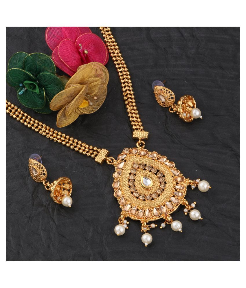 Silver Shine Gold Plated Long Set Three Line Chain Oval Shape Pandal 