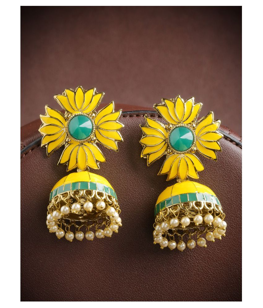     			Priyaasi Gold Plated Bright Yellow Floral Jhumkas with Stones/Pearls for Women and Girls