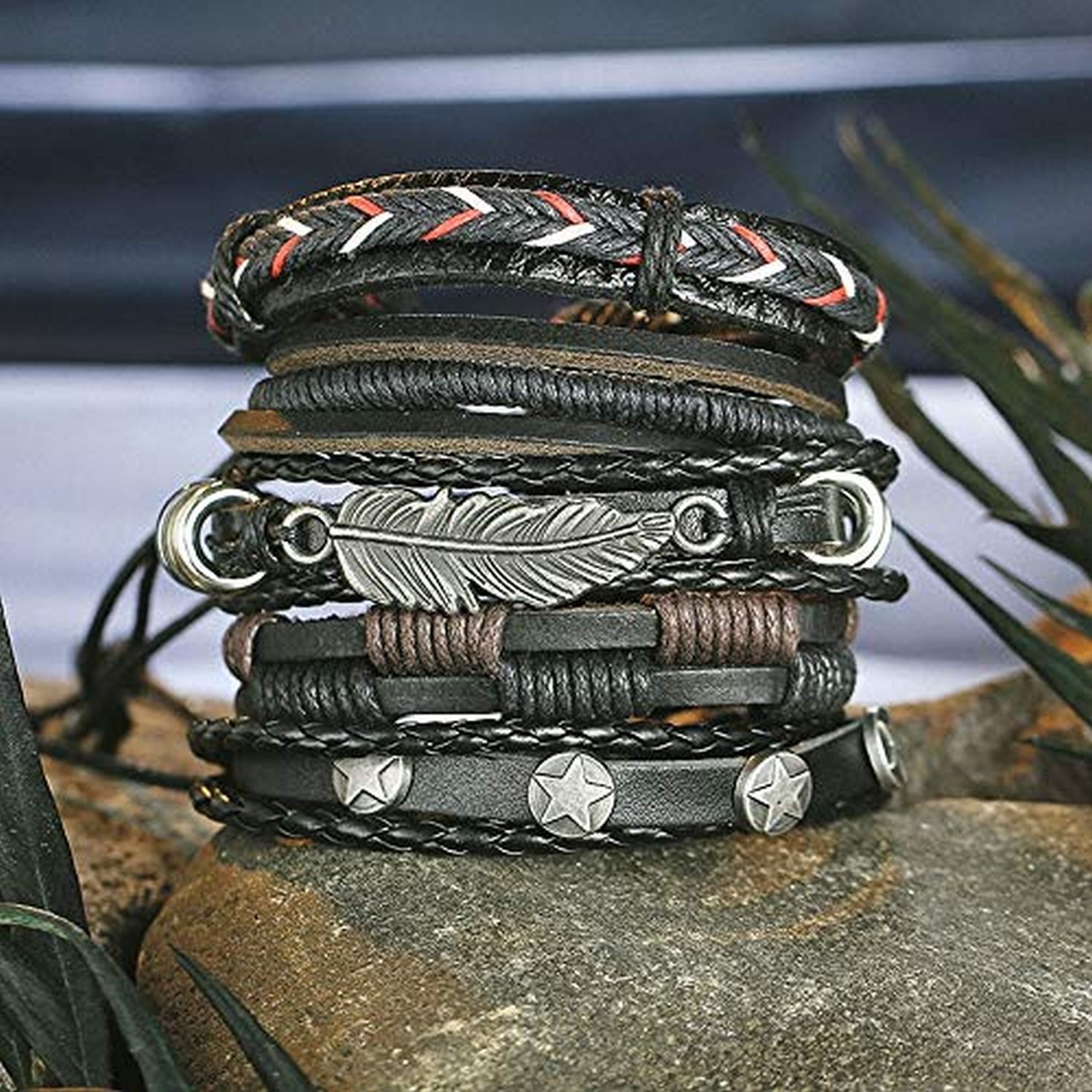     			ZIVOM Stylish Feather 100% Genuine Black Leather Wraps Casual Party Wear Skin Friendly Bracelets Pack of 5 Men Boys